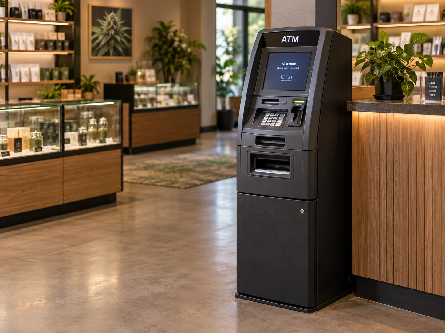 Illustrative freestanding ATM inside a modern dispensary