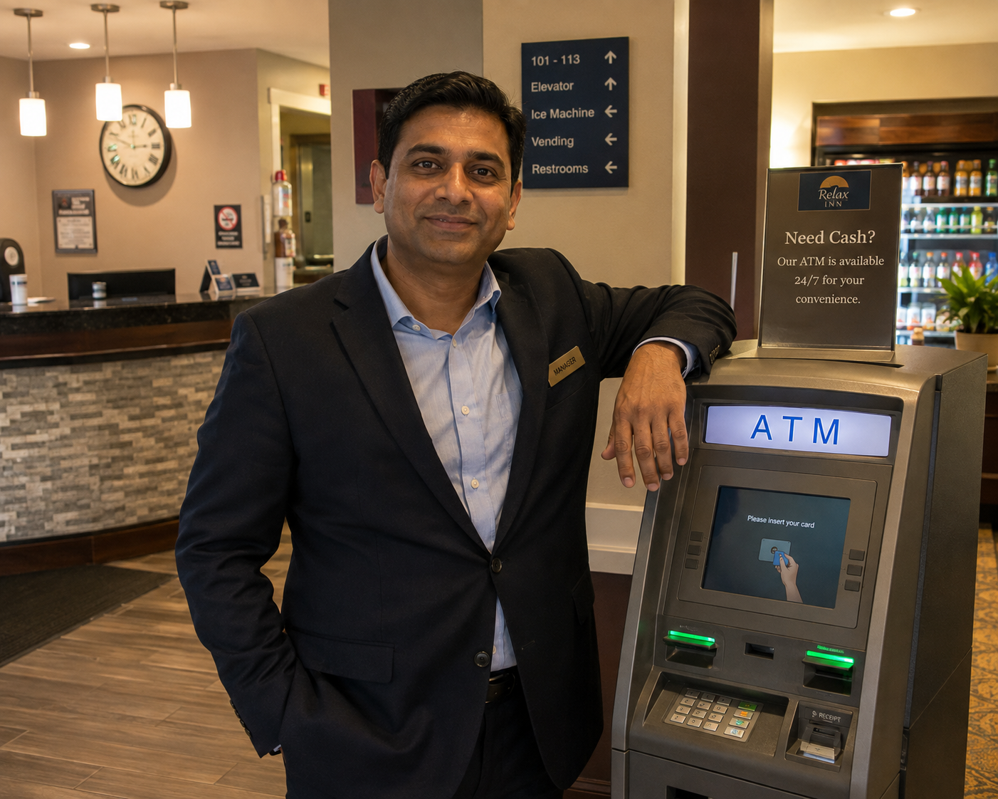 Hotel manager beside an ATM