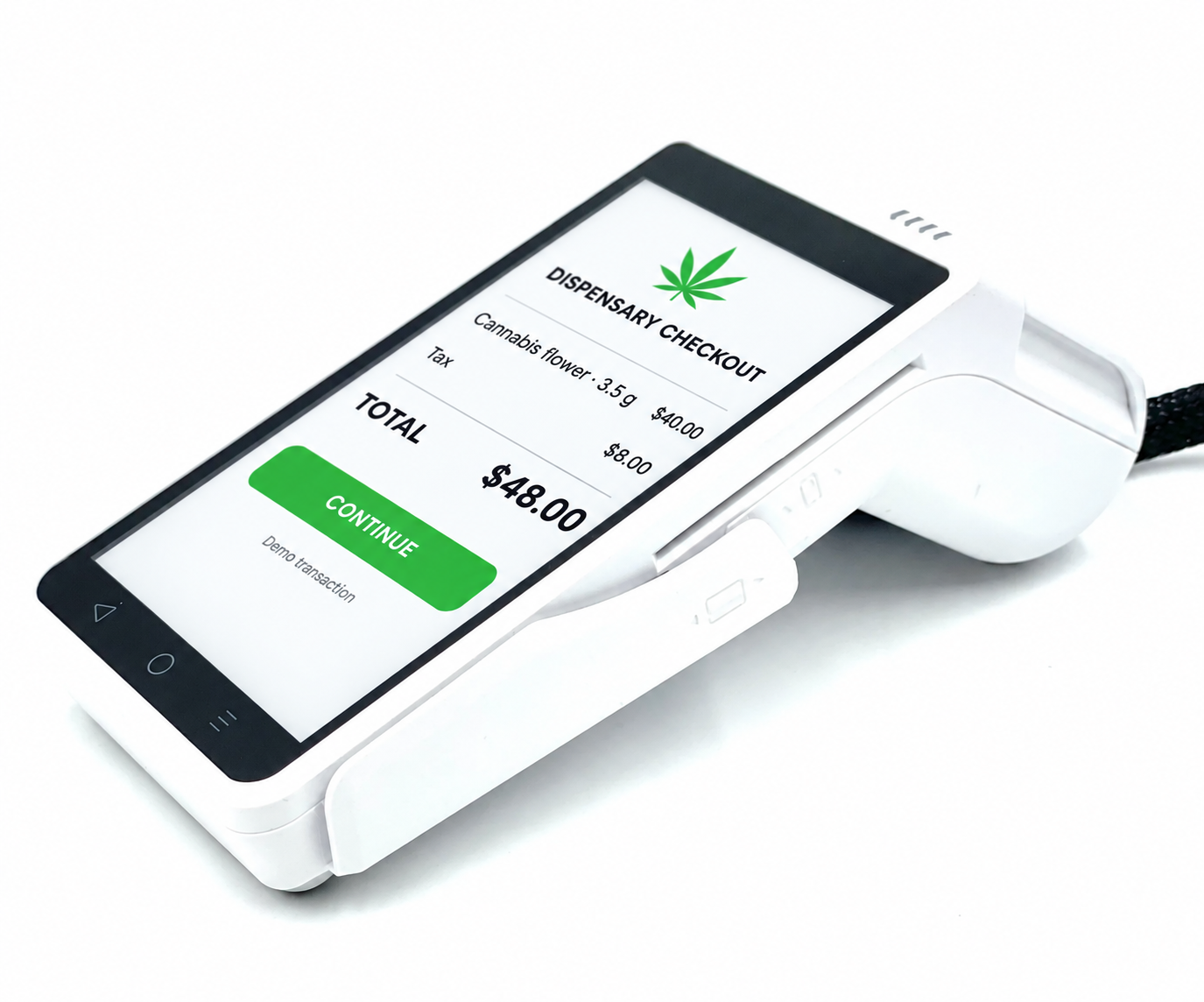 White touchscreen terminal displaying an illustrative dispensary checkout totaling $48.00