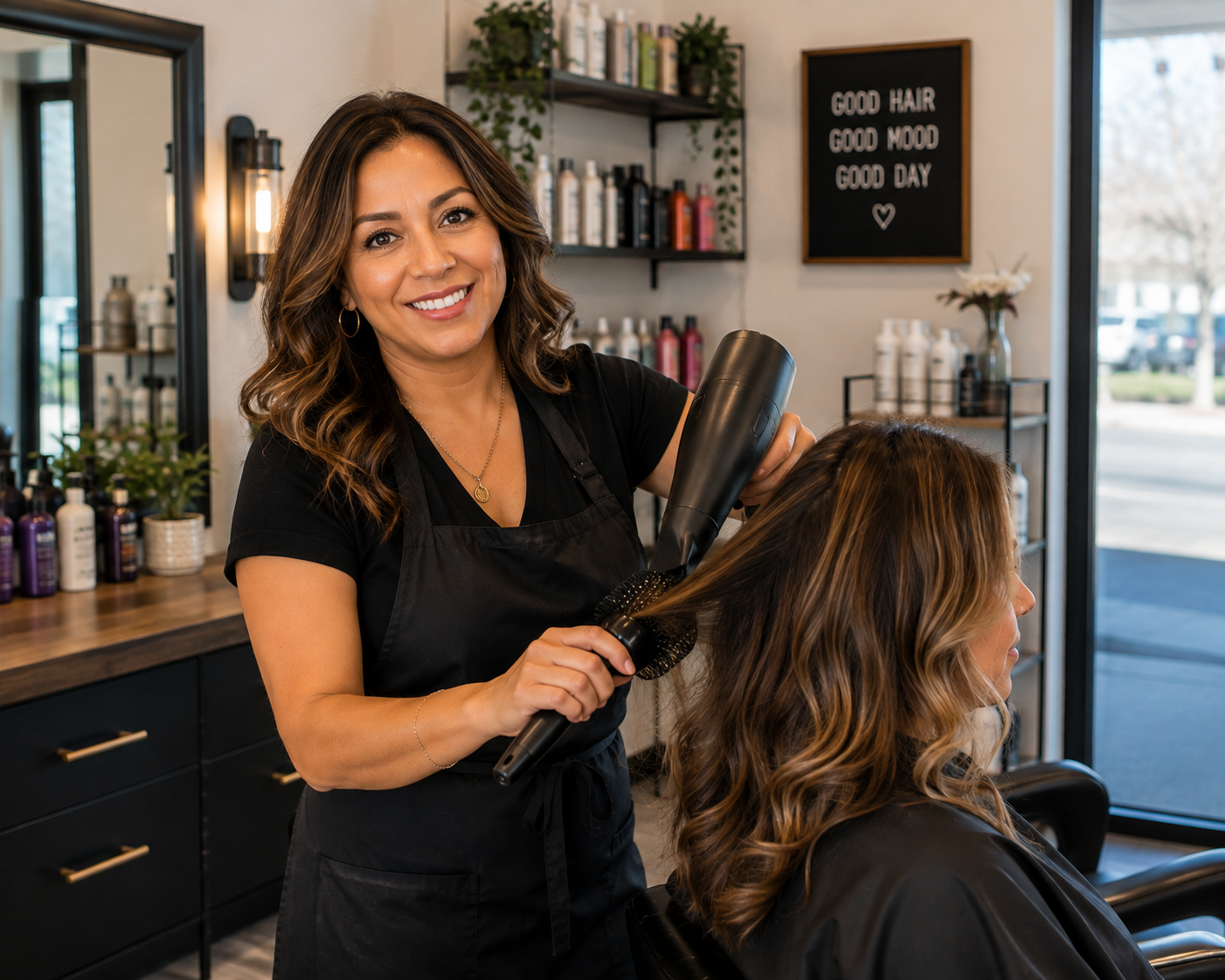 Salon owner styling a customer's hair